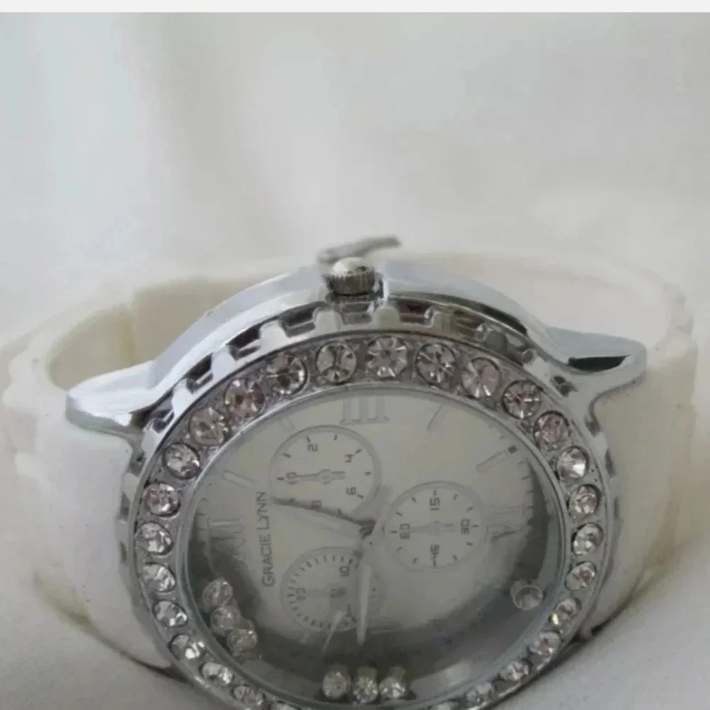 Gracie Lynn Watch White Buckle Band Round Face Silver Toned Rhinestones